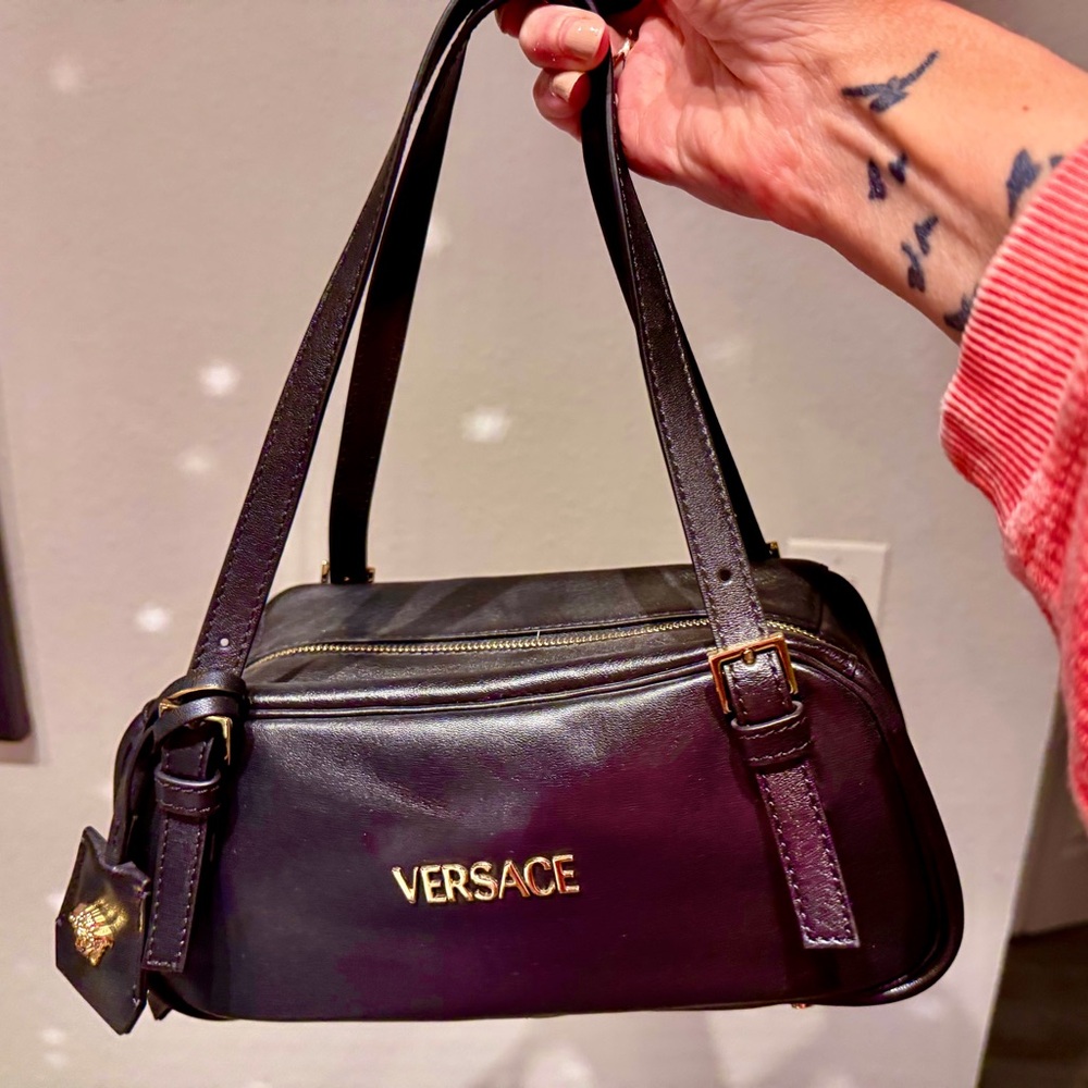 Versace Black Leather Shoulder Bag with Gold Logo